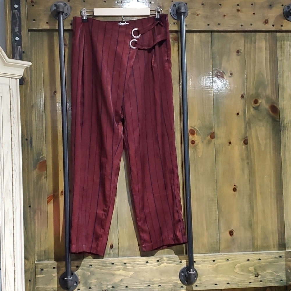J.O.A. MAROON STRIPED HIGH WAIST WIDE LEG PANTS